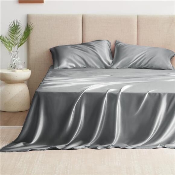Love's cabin Satin Queen Sheets Set - 4 Piece Dark Grey Silky Satin Bed Sheets - Picture 2 of 7